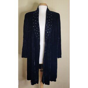 Vtg 1990s Alex Evenings Black Velvet Duster Jacket Size M Open-Front Rhinestones